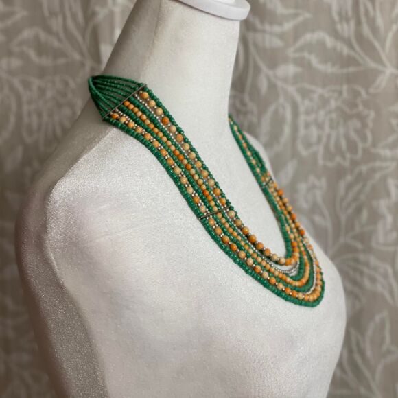 Green, Tan, &‎ Silver Beaded Festival Boho Retro Amazonian Minimalist Necklace - Picture 3 of 6